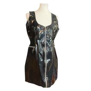 Vintage 90s Vinyl PVC Wet Look Goth Zip Front Black Mini Dress Size 16 NWT
